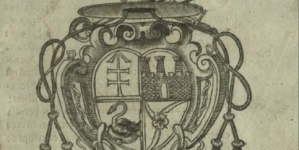 Herb czteropolowy (z czworga dziadków) Szymona Rudnickiego, Biskupa Warmińskiego, w druku z roku 1617.