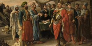 "Jan III podpisuje traktat z Turkami w Żurawnie" Romana Postempskiego.