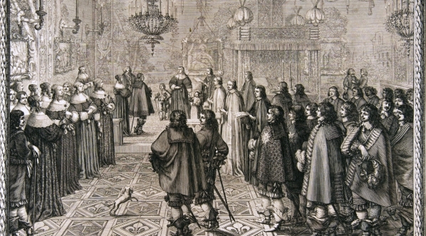 "Ceremonia podpisania kontraktu ślubnego Władysława IV i Ludwiki Marii Gonzagi w Fontainebleau (1645)" Abrahama Bosse`a.  